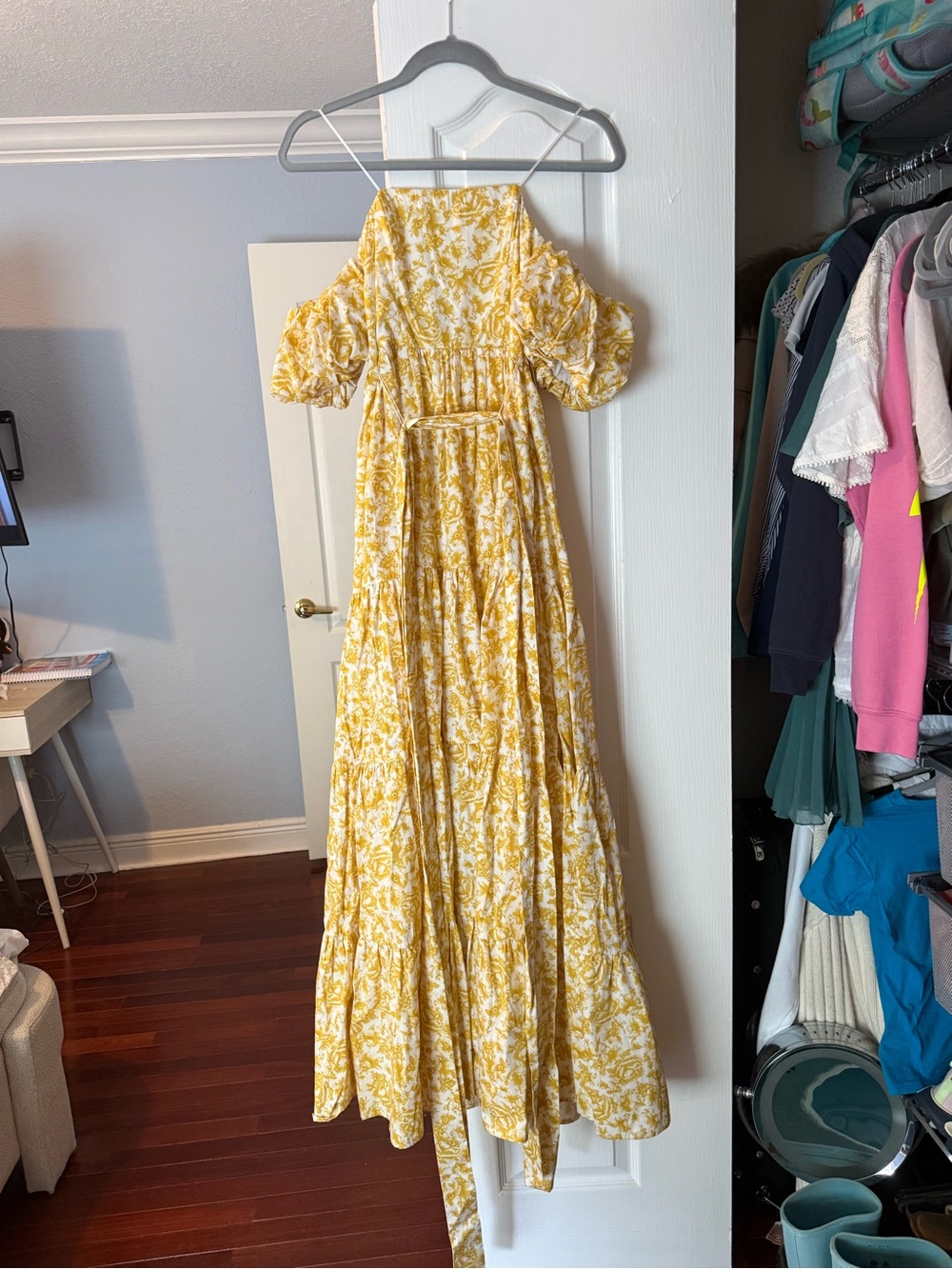 Aqua Yellow Floral Off-Shoulder Maxi Dress with Tie Waist - Picture 4 of 6
